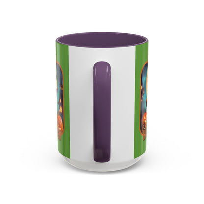 Happy Halloween Little Witch Orange font Green Accent Mug by CreepyCrafts.boo