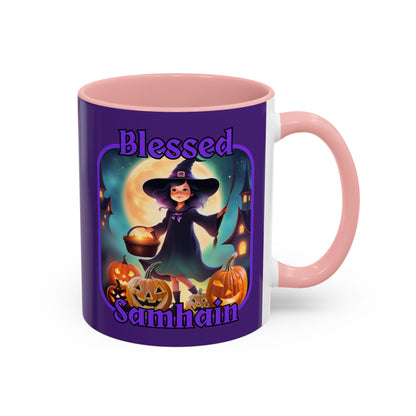 Blessed Samhain Little Witch Purple font Purple Accent Mug by CreepyCrafts.boo