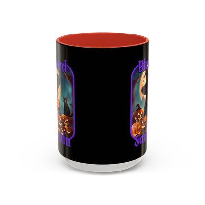 Blessed Samhain Cute Witch Purple font Black Accent Mug by CreepyCrafts.boo