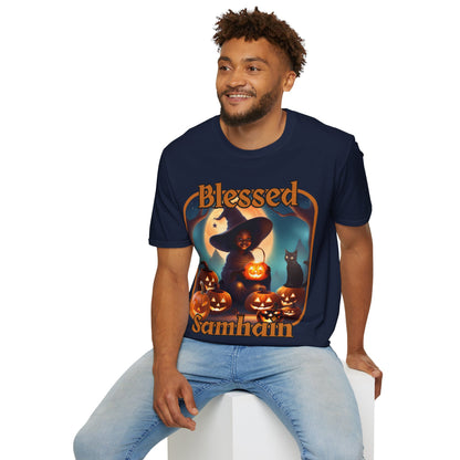 Blessed Samhain Cute Witch Orange font Dark colors Unisex T-Shirt by CreepyCrafts.boo