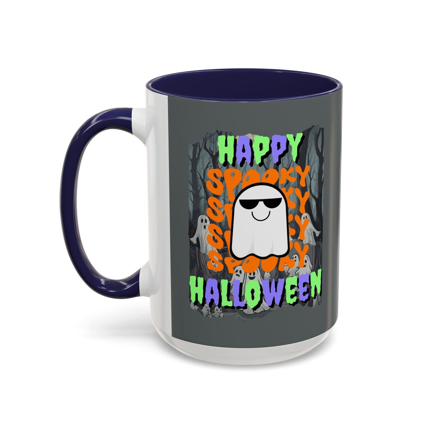 Spooky Happy Halloween Ghost Mixed font Grey Accent Mug by CreepyCrafts.boo