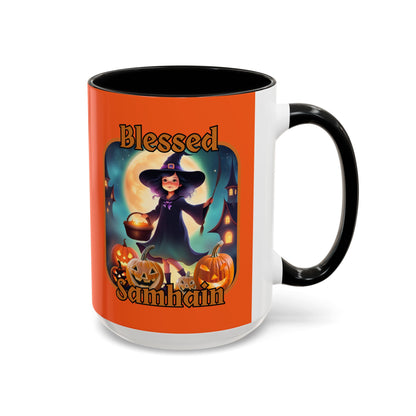 Blessed Samhain Little Witch Orange font Orange Accent Mug by CreepyCrafts.boo