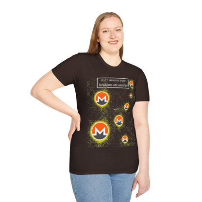 Monero (XMR) don't assume your freedoms are assured Dark colors Unisex T-Shirt by cypherpunkgear.com