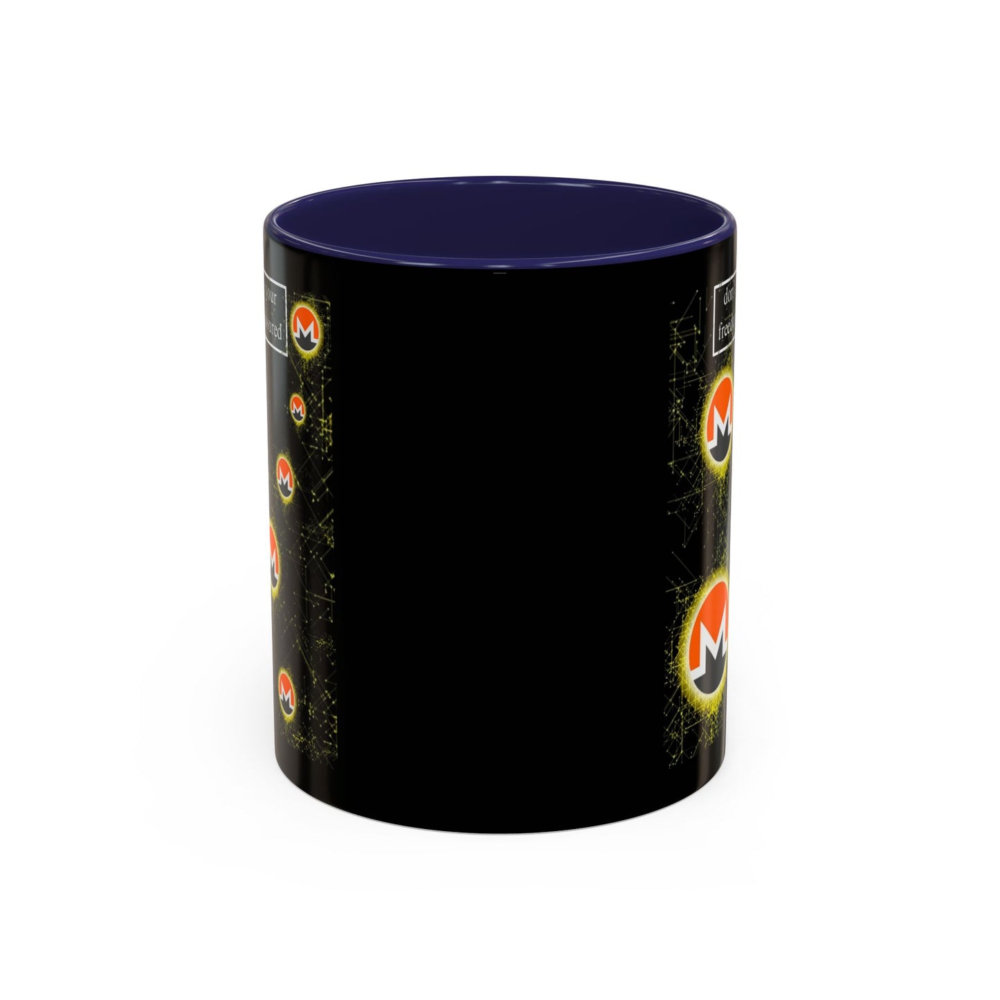 Monero (XMR) don't assume your freedoms are assured Black Accent Mug by cypherpunkgear.com