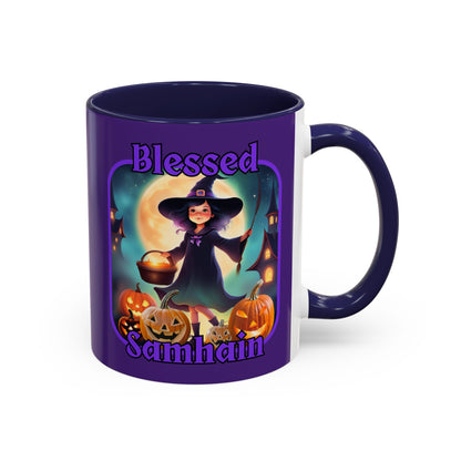 Blessed Samhain Little Witch Purple font Purple Accent Mug by CreepyCrafts.boo