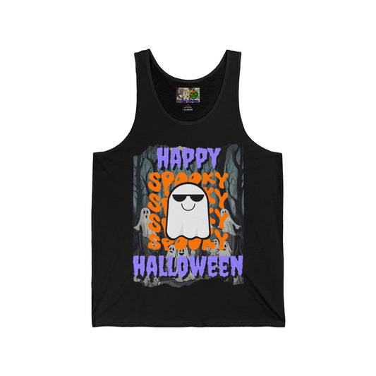 Spooky Happy Halloween Ghost Purple font Unisex Jersey Tank Top by CreepyCrafts.boo