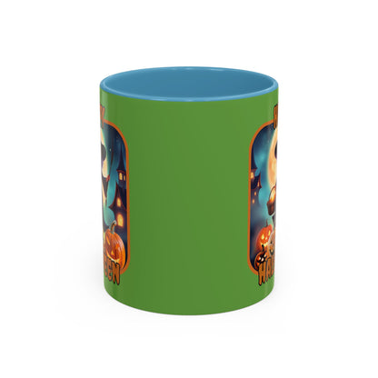 Happy Halloween Little Witch Orange font Green Accent Mug by CreepyCrafts.boo