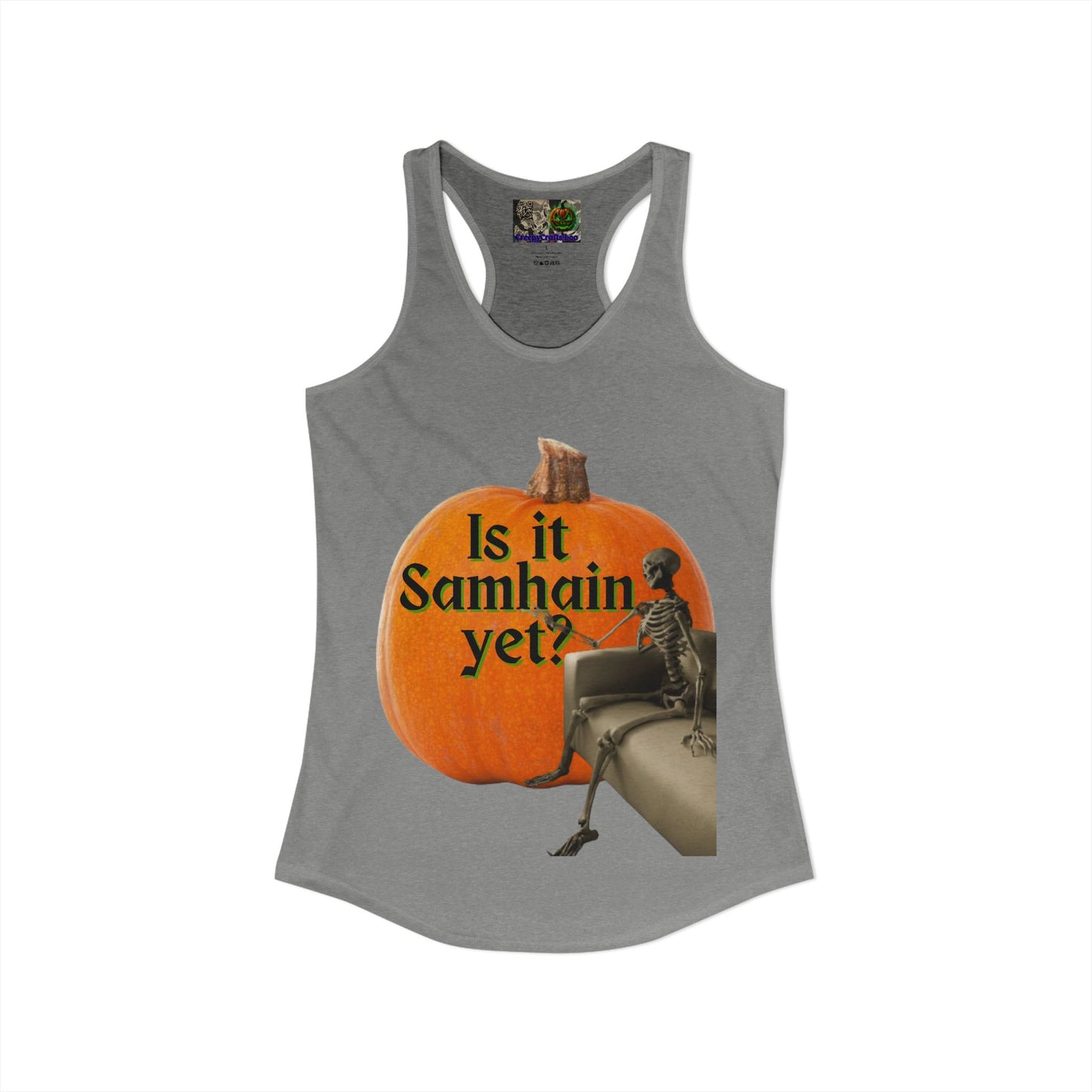 Is It Samhain Yet? Skeleton's Giant Pumpkin Women’s Racerback Tank Top by CreepyCrafts.boo