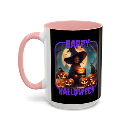 Happy Halloween Cute Witch Purple font Black Accent Mug by CreepyCrafts.boo