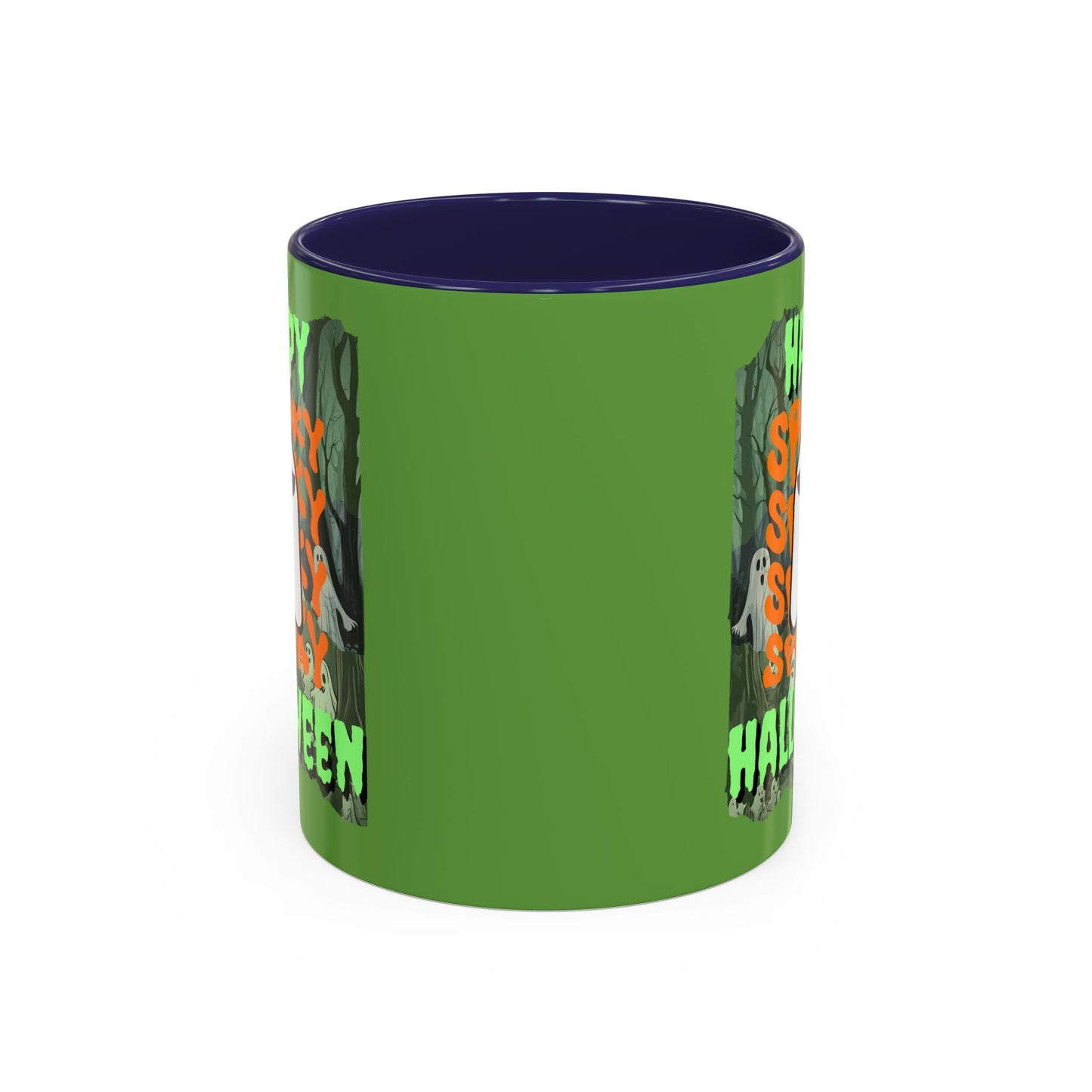 Spooky Happy Halloween Ghost Green font Green Accent Mug by CreepyCrafts.boo