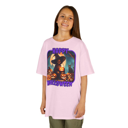Happy Halloween Cute Witch Purple font Kids Heavy Cotton™ Tee by CreepyCrafts.boo