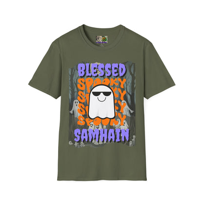 Spooky Blessed Samhain Ghost Purple font Unisex T-Shirt by CreepyCrafts.boo