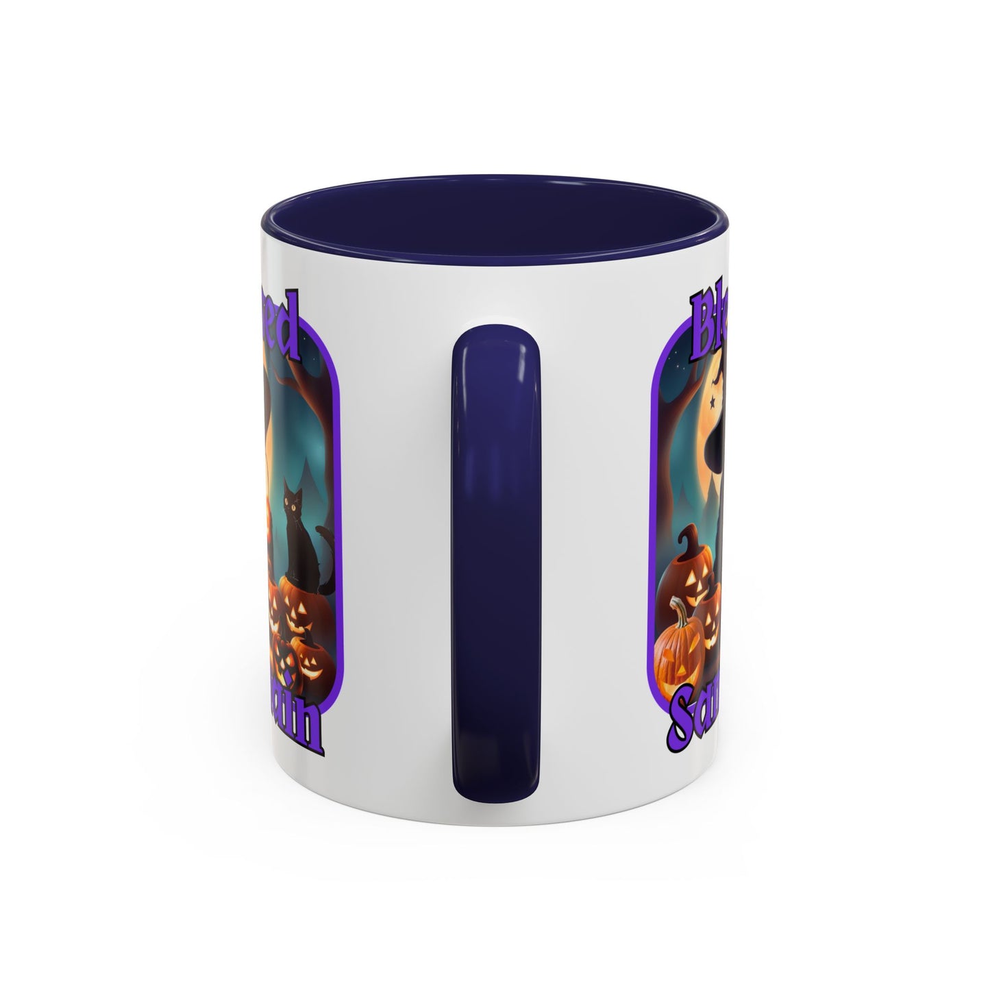 Blessed Samhain Cute Witch Purple font White Accent Mug by CreepyCrafts.boo