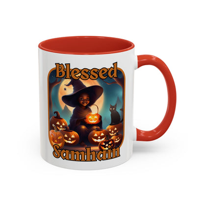 Blessed Samhain Cute Witch Orange font White Accent Mug by CreepyCrafts.boo