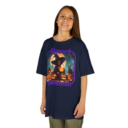 Blessed Samhain Cute Witch Purple font Kids Heavy Cotton™ Tee by CreepyCrafts.boo
