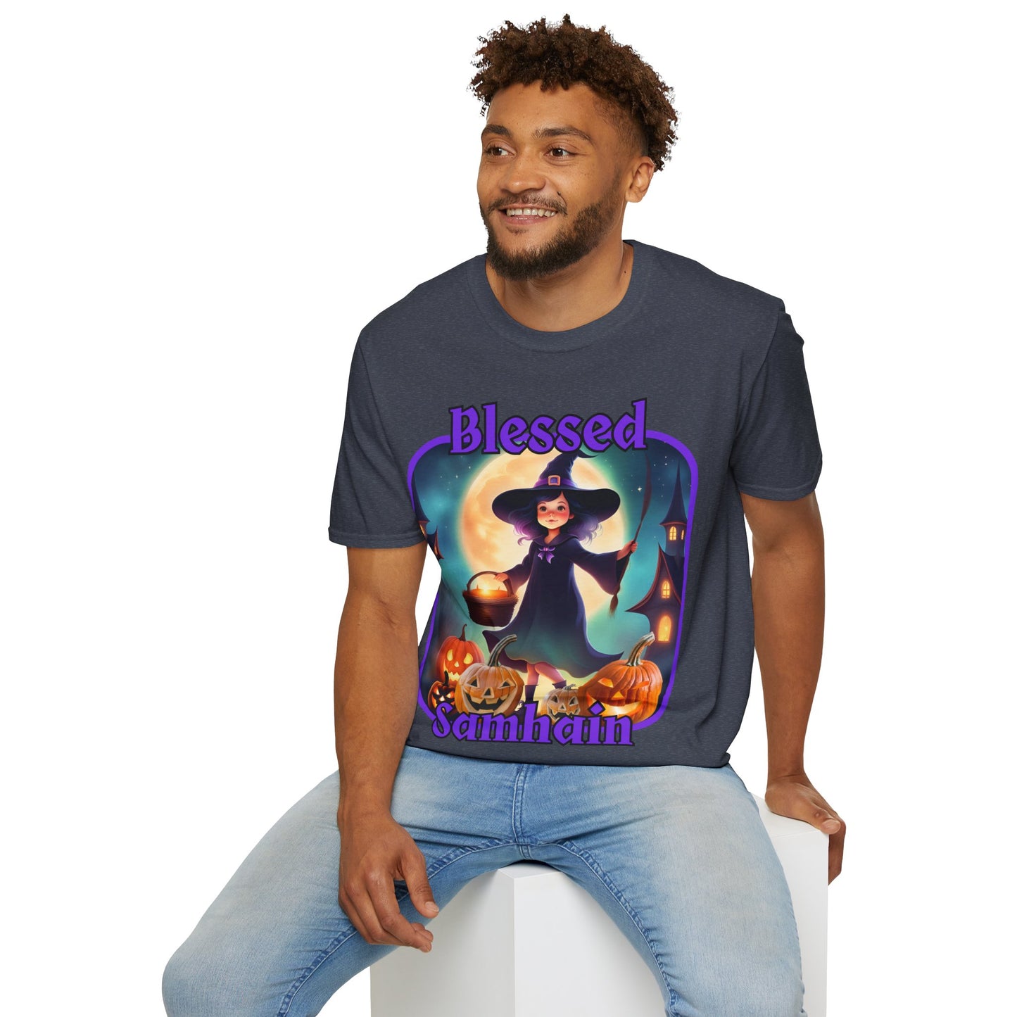 Blessed Samhain Little Witch Purple font Dark colors Unisex T-Shirt by CreepyCrafts.boo