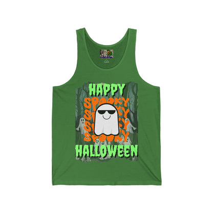 Spooky Happy Halloween Ghost Green font Unisex Jersey Tank Top by CreepyCrafts.boo