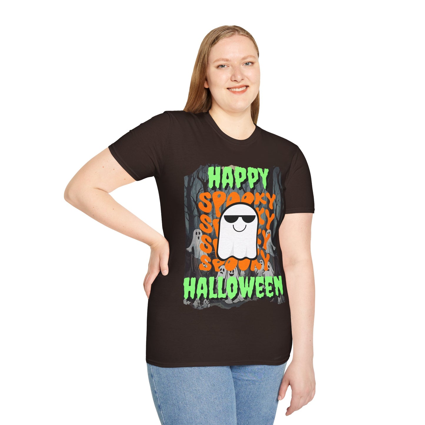 Spooky Happy Halloween Ghost Dark colors Green font Unisex T-Shirt by CreepyCrafts.boo