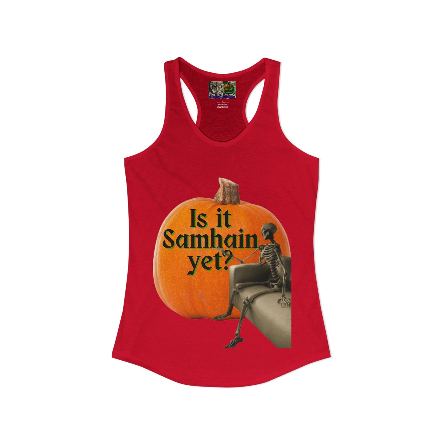 Is It Samhain Yet? Skeleton's Giant Pumpkin Women’s Racerback Tank Top by CreepyCrafts.boo