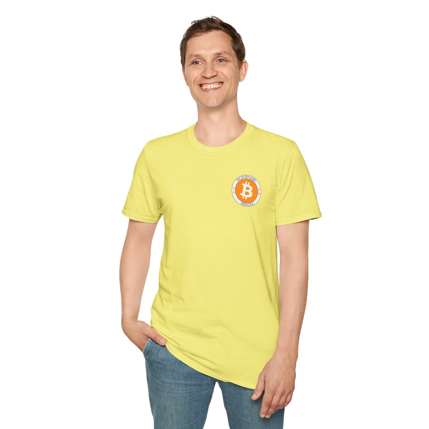 2-sided Bitcoin (BTC) Decentralized Freedom LTcolors Unisex T-Shirt by cypherpunkgear