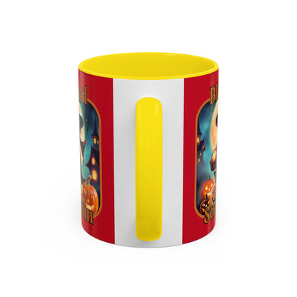 Blessed Samhain Little Witch Orange font Red Accent Mug by CreepyCrafts.boo