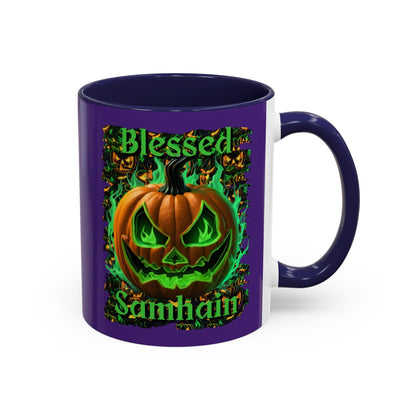 Blessed Samhain Green Jack Purple Accent Mug by CreepyCrafts.boo