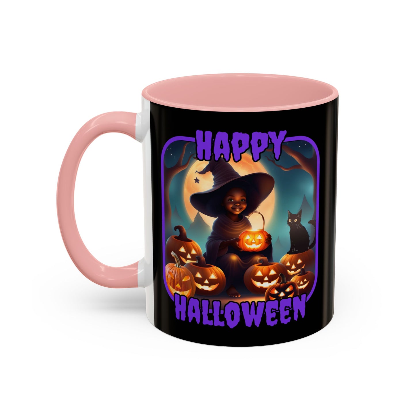 Happy Halloween Cute Witch Purple font Black Accent Mug by CreepyCrafts.boo