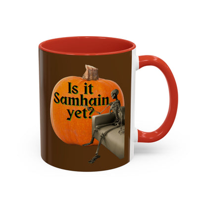 Is It Samhain Yet? Skeleton's Giant Pumpkin Brown Accent Mug by CreepyCrafts.boo