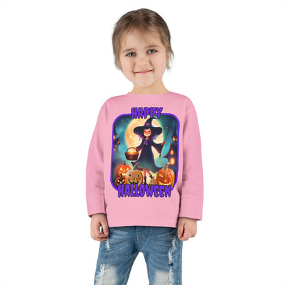 Happy Halloween Little Witch Purple font Toddler Long Sleeve Tee by CreepyCrafts.boo