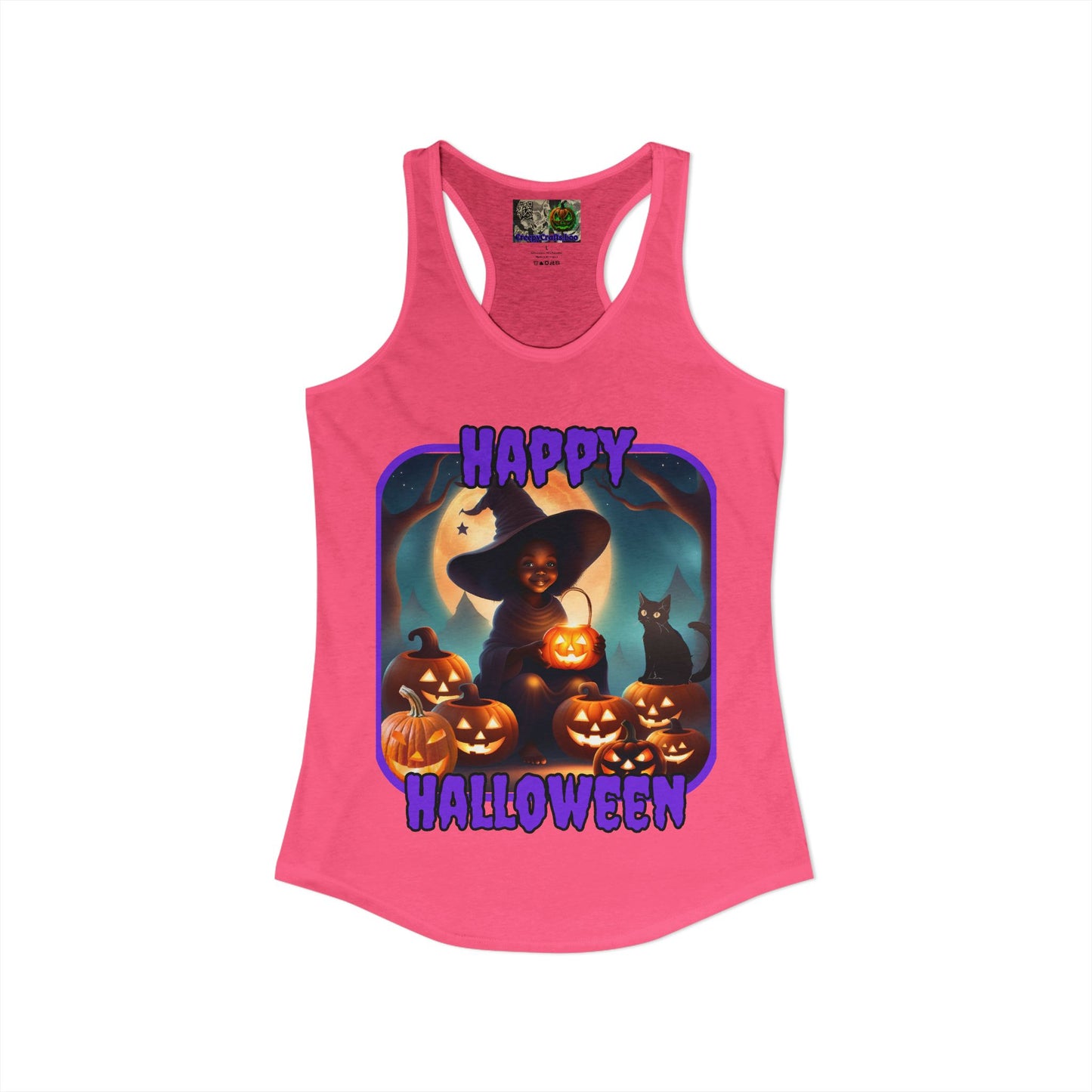 Happy Halloween Cute Witch Purple font Women's Racerback Tank Top by CreepyCrafts.boo