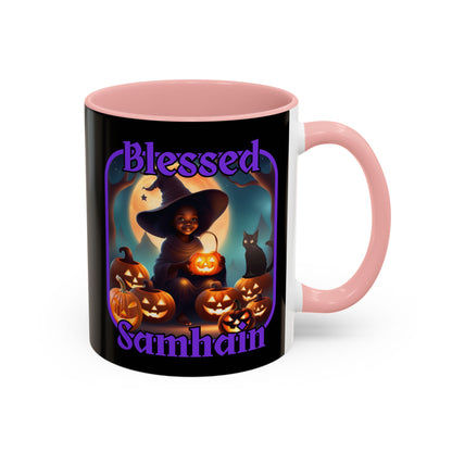 Blessed Samhain Cute Witch Purple font Black Accent Mug by CreepyCrafts.boo