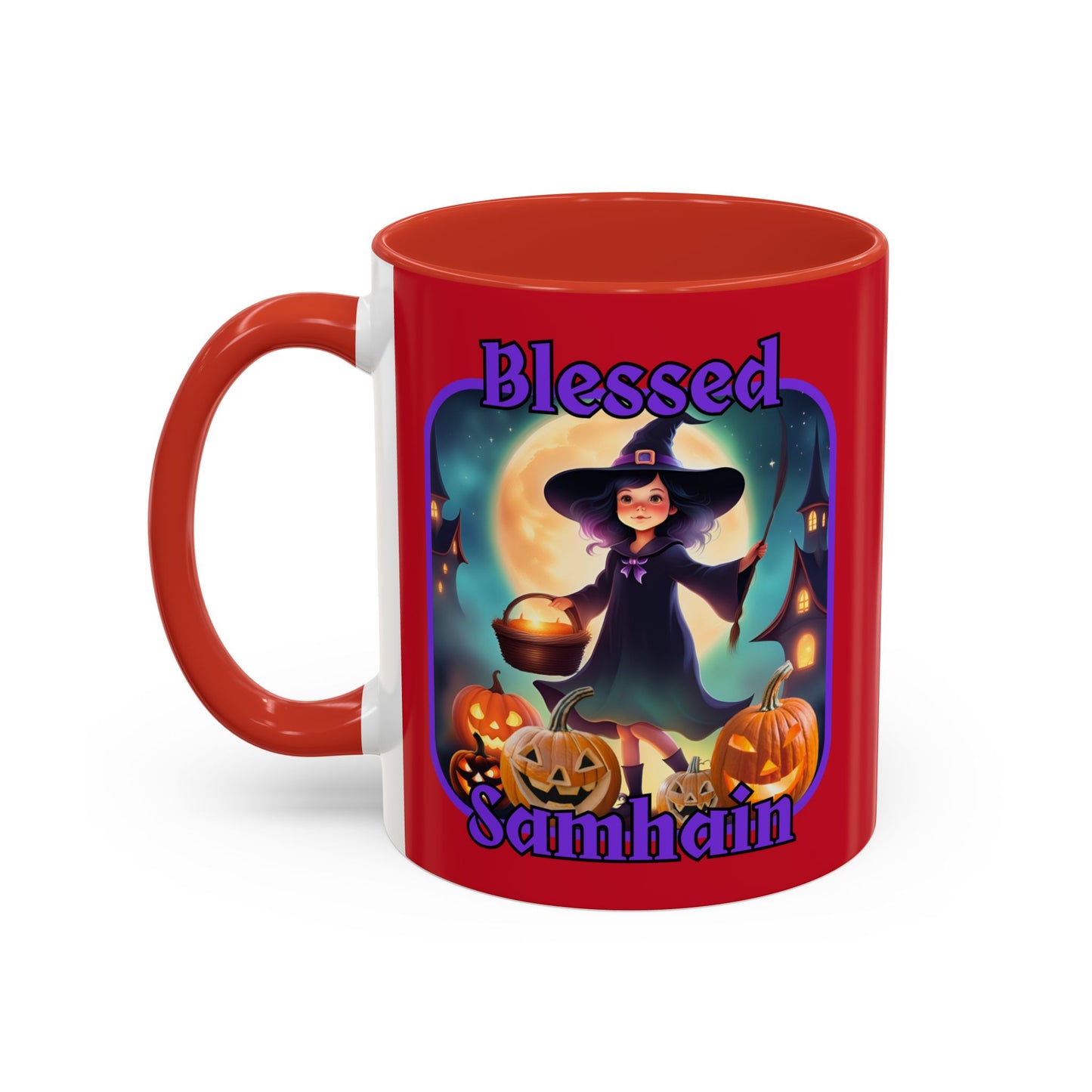 Blessed Samhain Little Witch Purple font Red Accent Mug by CreepyCrafts.boo