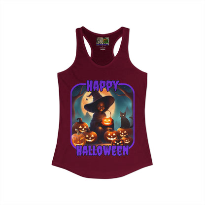 Happy Halloween Cute Witch Purple font Women's Racerback Tank Top by CreepyCrafts.boo
