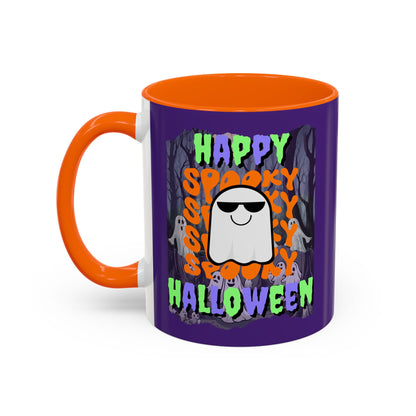 Spooky Happy Halloween Ghost Mixed font Purple Accent Mug by CreepyCrafts.boo