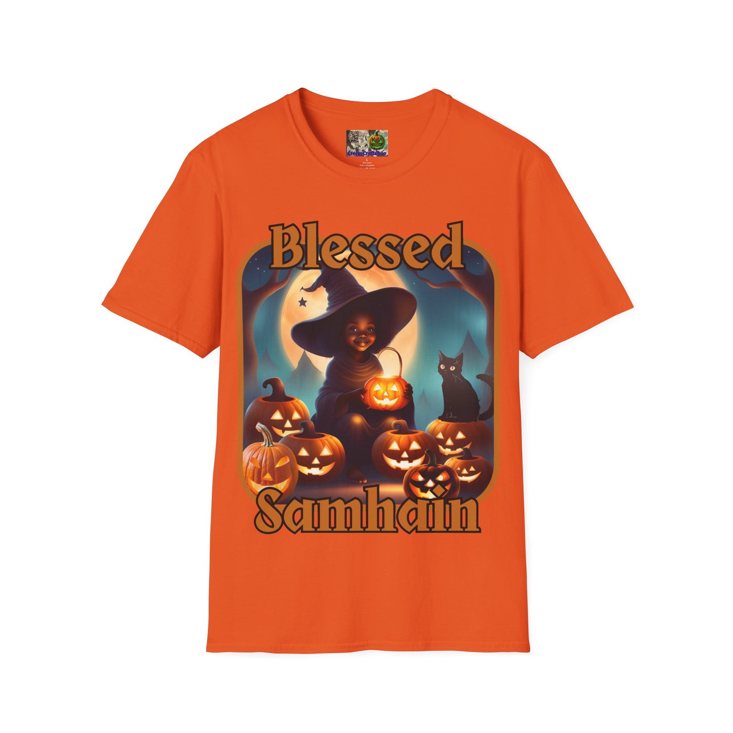 Blessed Samhain Cute Witch Orange font Light colors Unisex T-Shirt by CreepyCrafts.boo