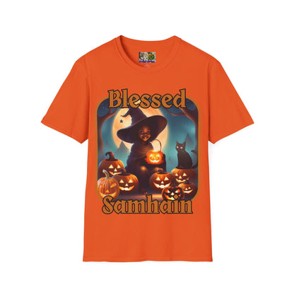 Blessed Samhain Cute Witch Orange font Light colors Unisex T-Shirt by CreepyCrafts.boo