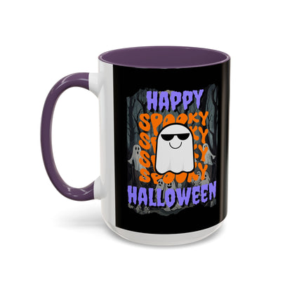 Spooky Happy Halloween Ghost Purple font Black Accent Mug by CreepyCrafts.boo