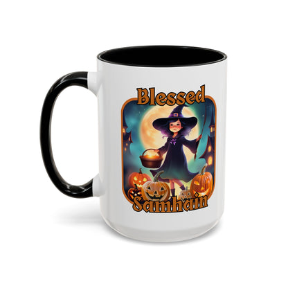 Blessed Samhain Little Witch Orange font White Accent Mug by CreepyCrafts.boo