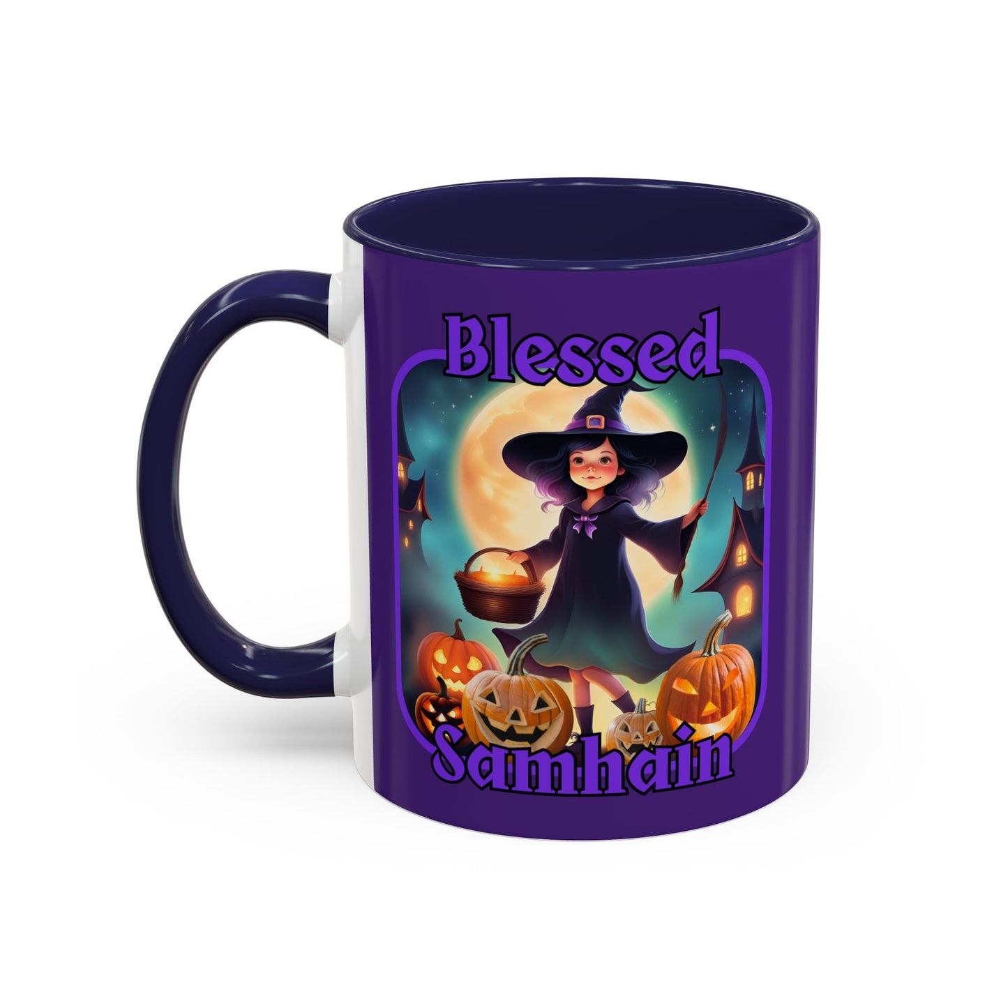 Blessed Samhain Little Witch Purple font Purple Accent Mug by CreepyCrafts.boo