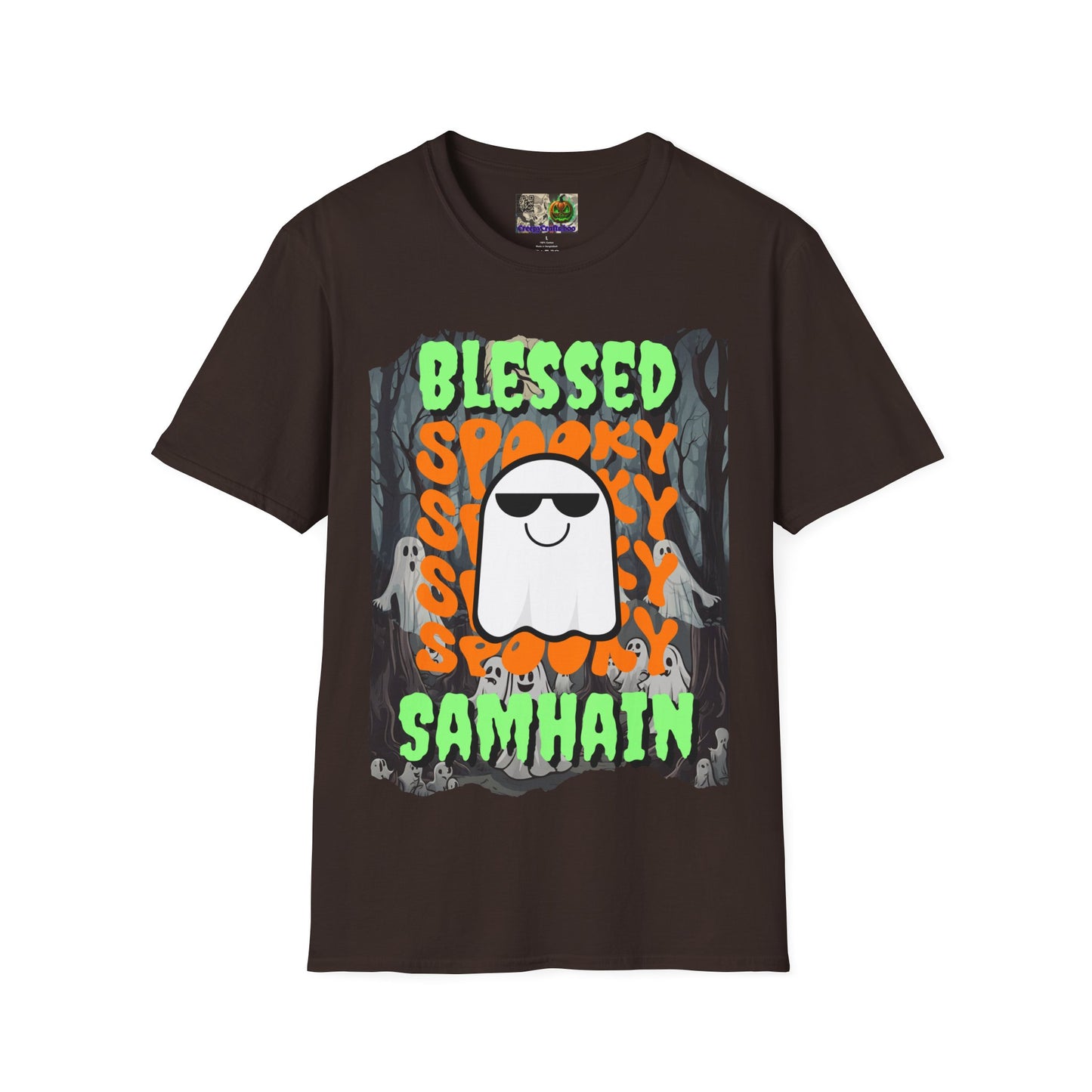 Spooky Blessed Samhain Ghost Green font Unisex T-Shirt by CreepyCrafts.boo