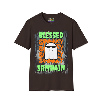 Spooky Blessed Samhain Ghost Green font Unisex T-Shirt by CreepyCrafts.boo