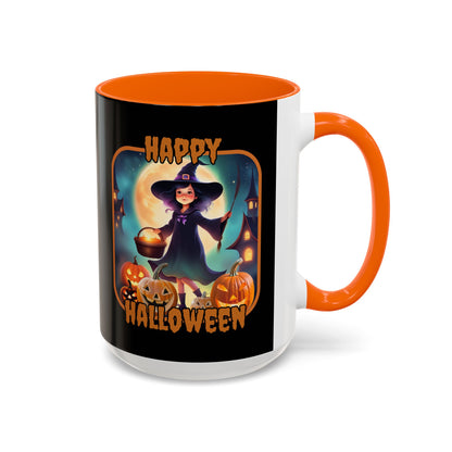 Happy Halloween Little Witch Orange font Black Accent Mug by CreepyCrafts.boo