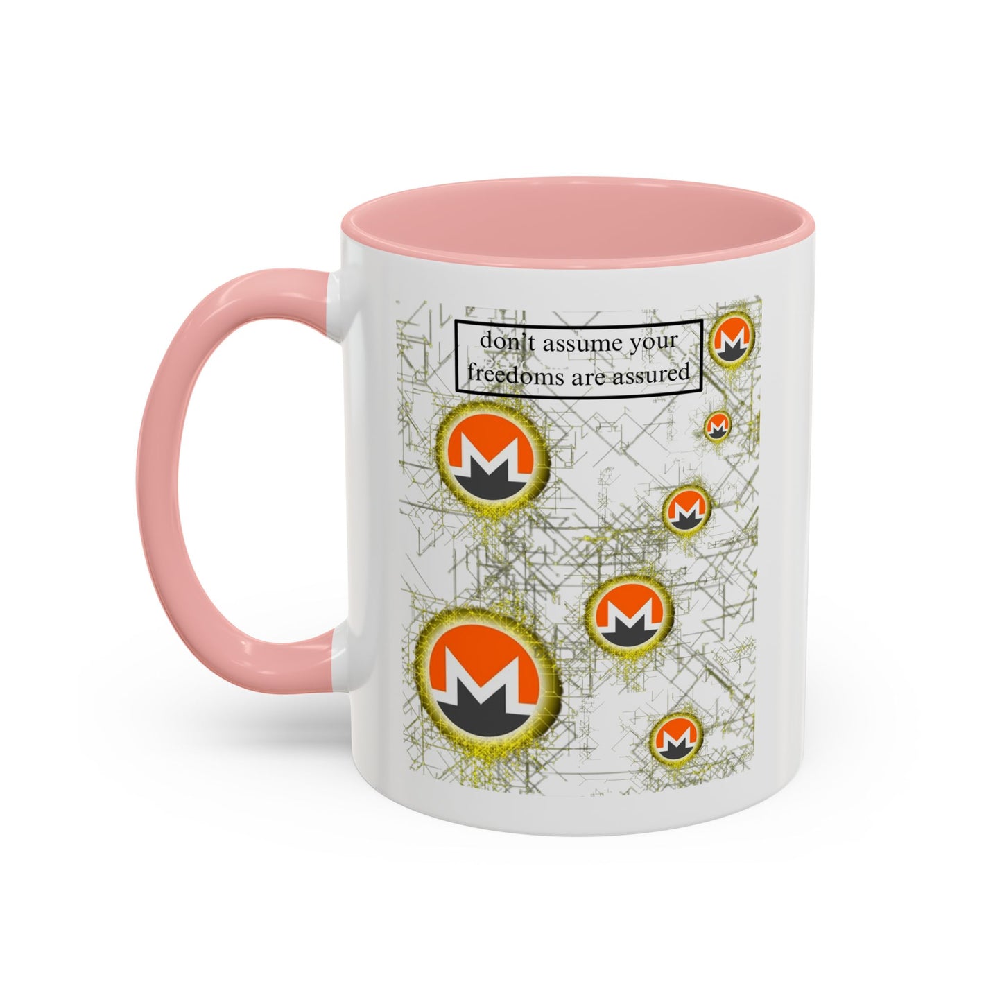 Monero (XMR) don't assume your freedoms are assured White Accent Mug by cypherpunkgear.com