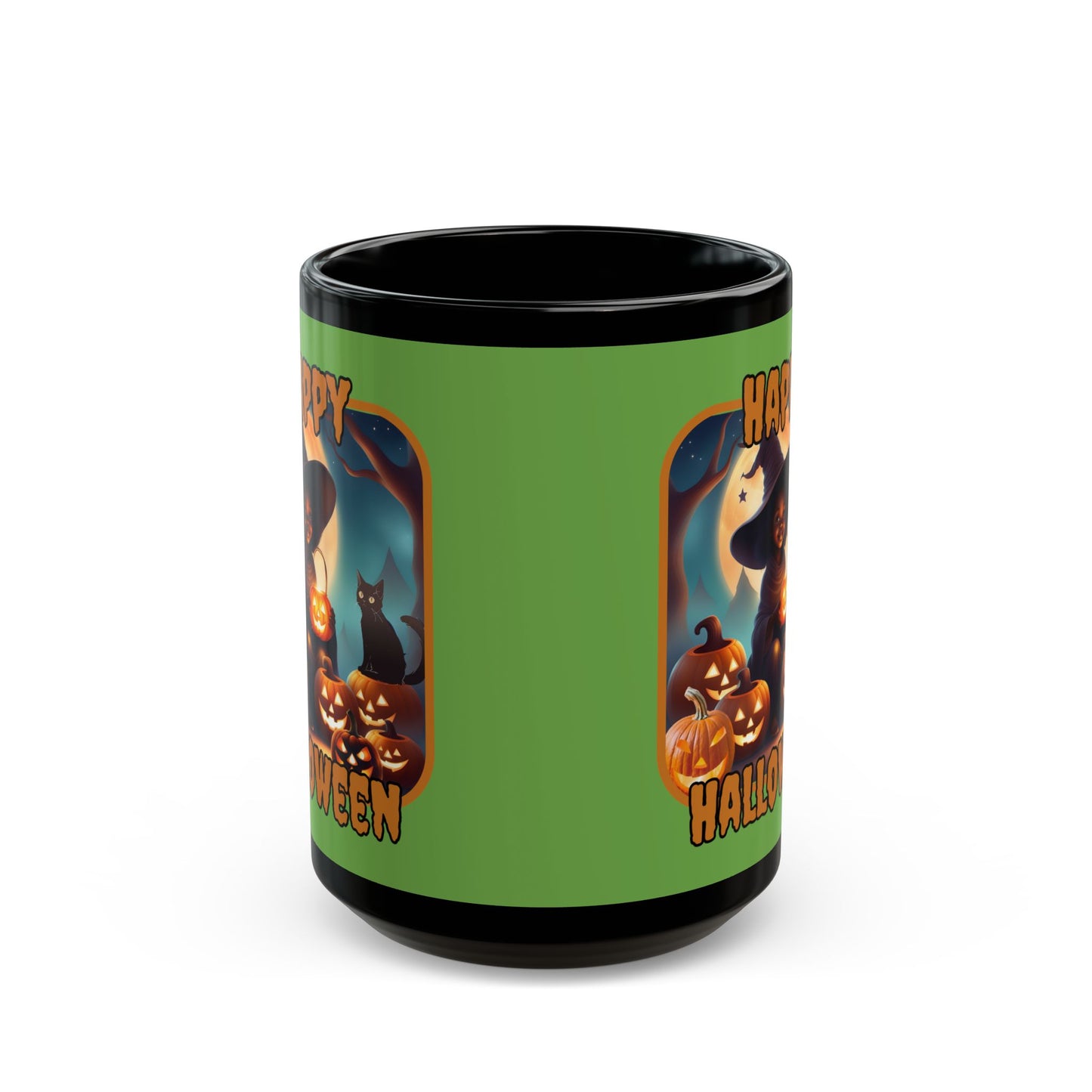 Happy Halloween Cute Witch Orange font Green Mug by CreepyCrafts.boo