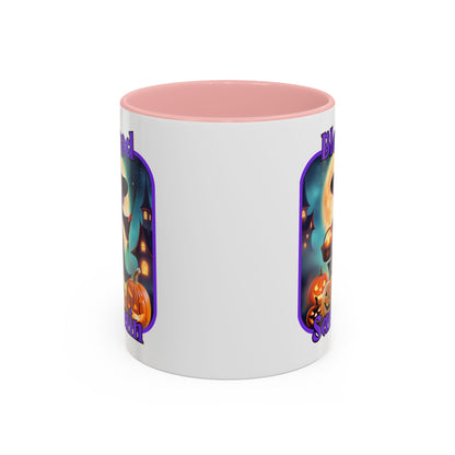 Blessed Samhain Little Witch Purple font White Accent Mug by CreepyCrafts.boo