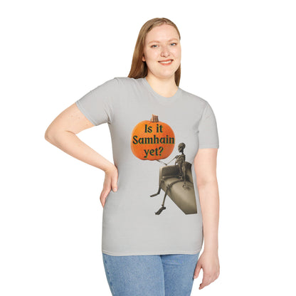Is it Samhain yet? Skeleton's Pumpkin Light colors Unisex T-Shirt by CreepyCrafts.boo