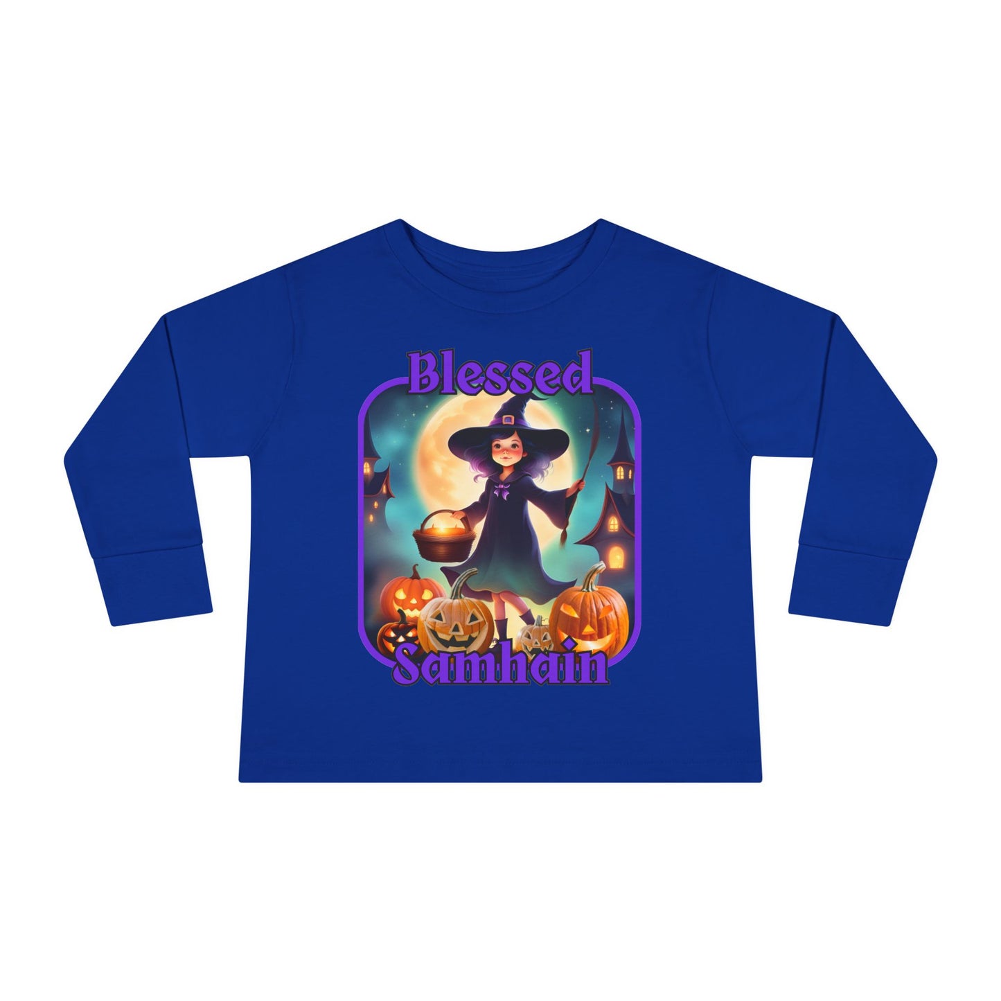 Blessed Samhain Little Witch Purple font Toddler Long Sleeve Tee by CreepyCrafts.boo