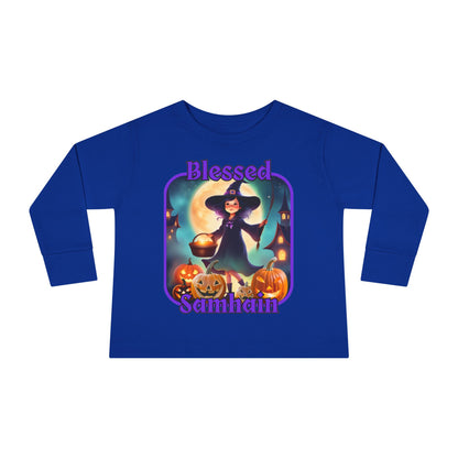 Blessed Samhain Little Witch Purple font Toddler Long Sleeve Tee by CreepyCrafts.boo