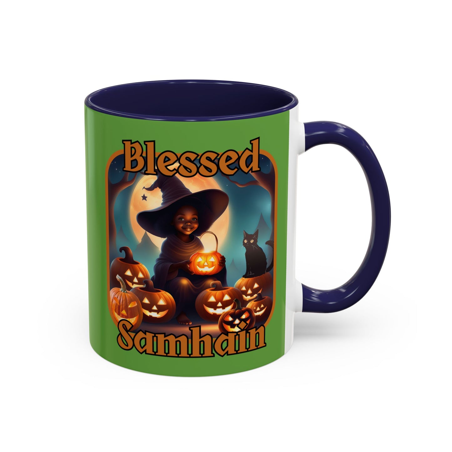 Blessed Samhain Cute Witch Orange font Green Accent Mug by CreepyCrafts.boo