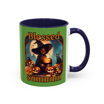 Blessed Samhain Cute Witch Orange font Green Accent Mug by CreepyCrafts.boo